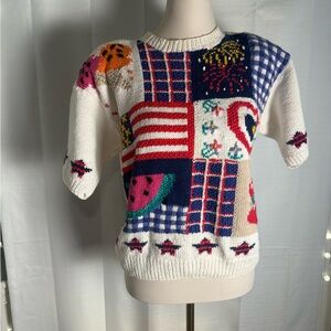 Vintage Hand Knit Colorful Patchwork Women's Sweater Small